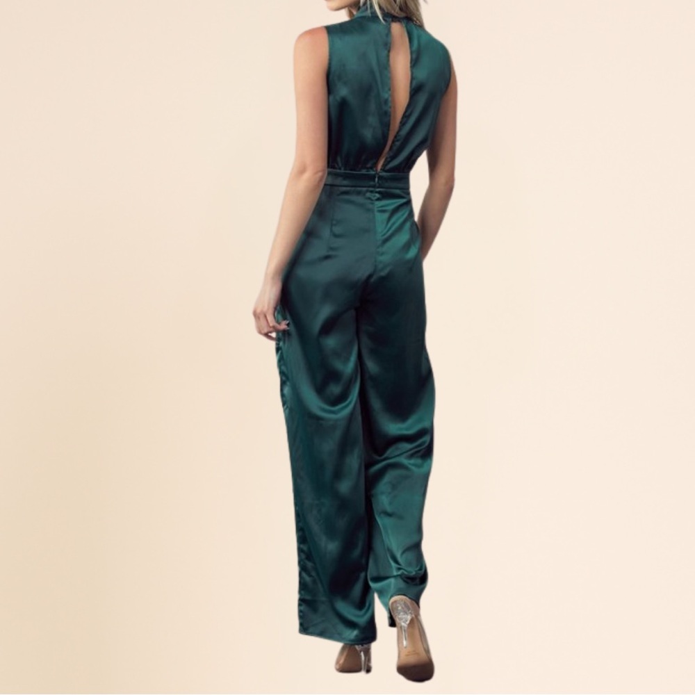 Chic Emerald Satin Jumpsuit - Picture 5 of 10